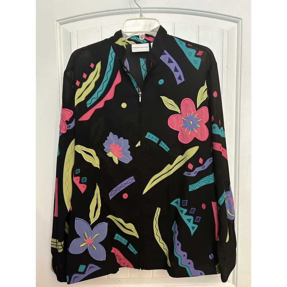 Alfred Dunner‎ Womens Black Embroidered Floral Sheer Zippered Jacket size 14